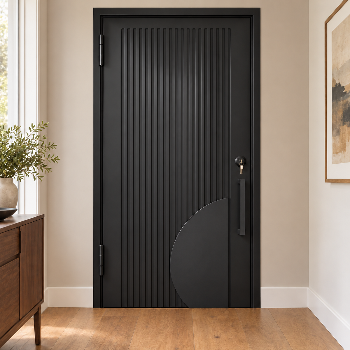 Interior view of a black iron door with vertical fluting, a curved lower accent, and a long pull handle.
