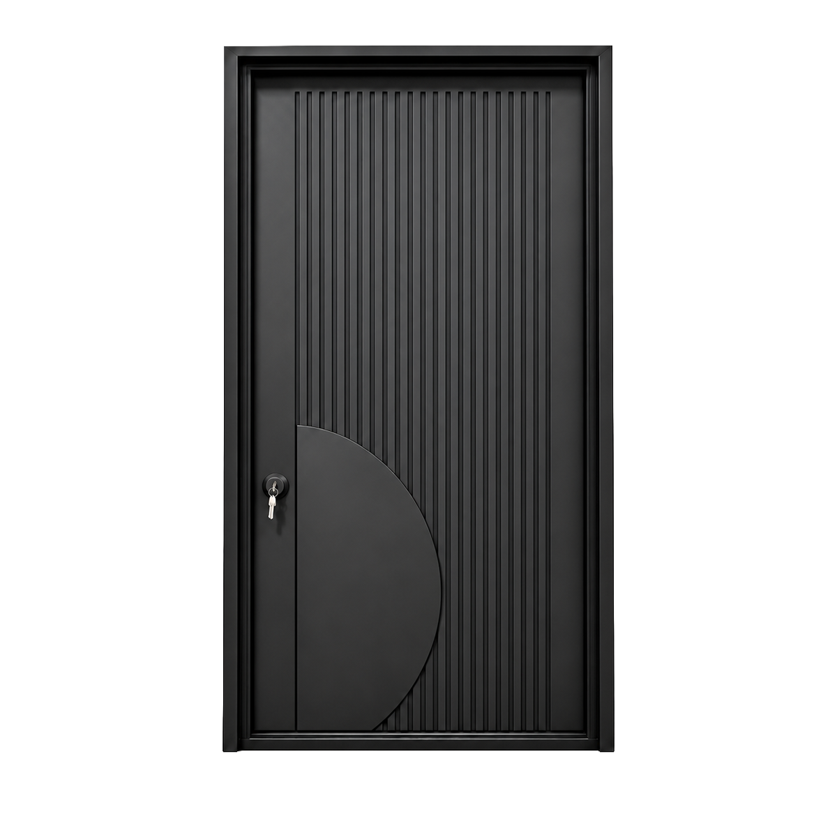Black fluted iron entry door with a curved half-circle accent on a white background.