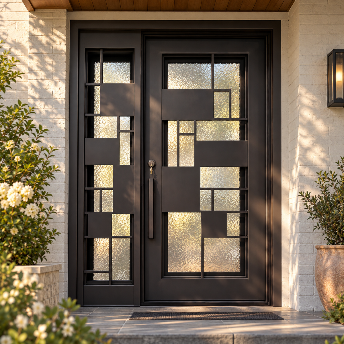 Front view of a black iron entry door with textured glass and offset rectangular iron panels.