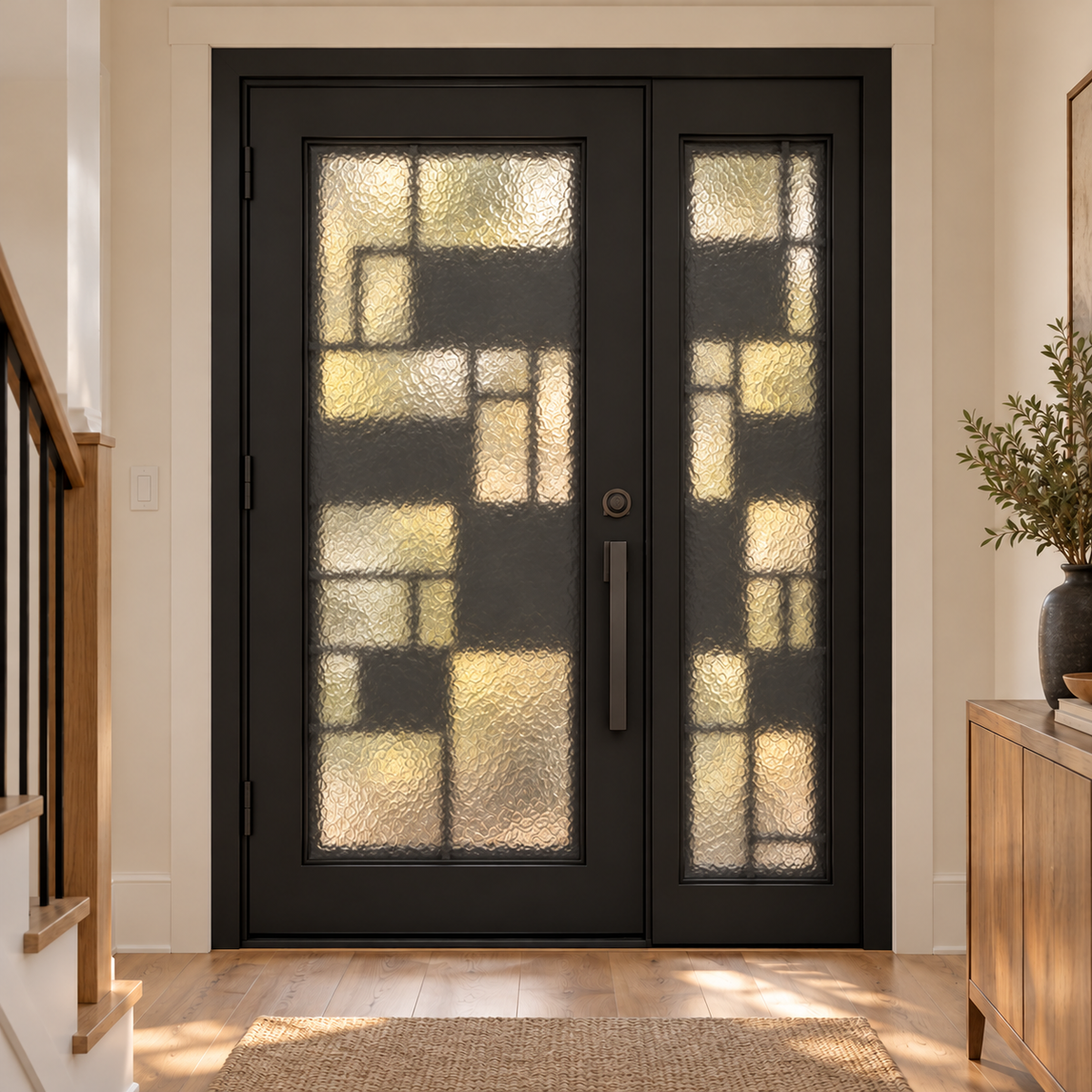 Interior view of a black iron entry door with textured glass and geometric ironwork.