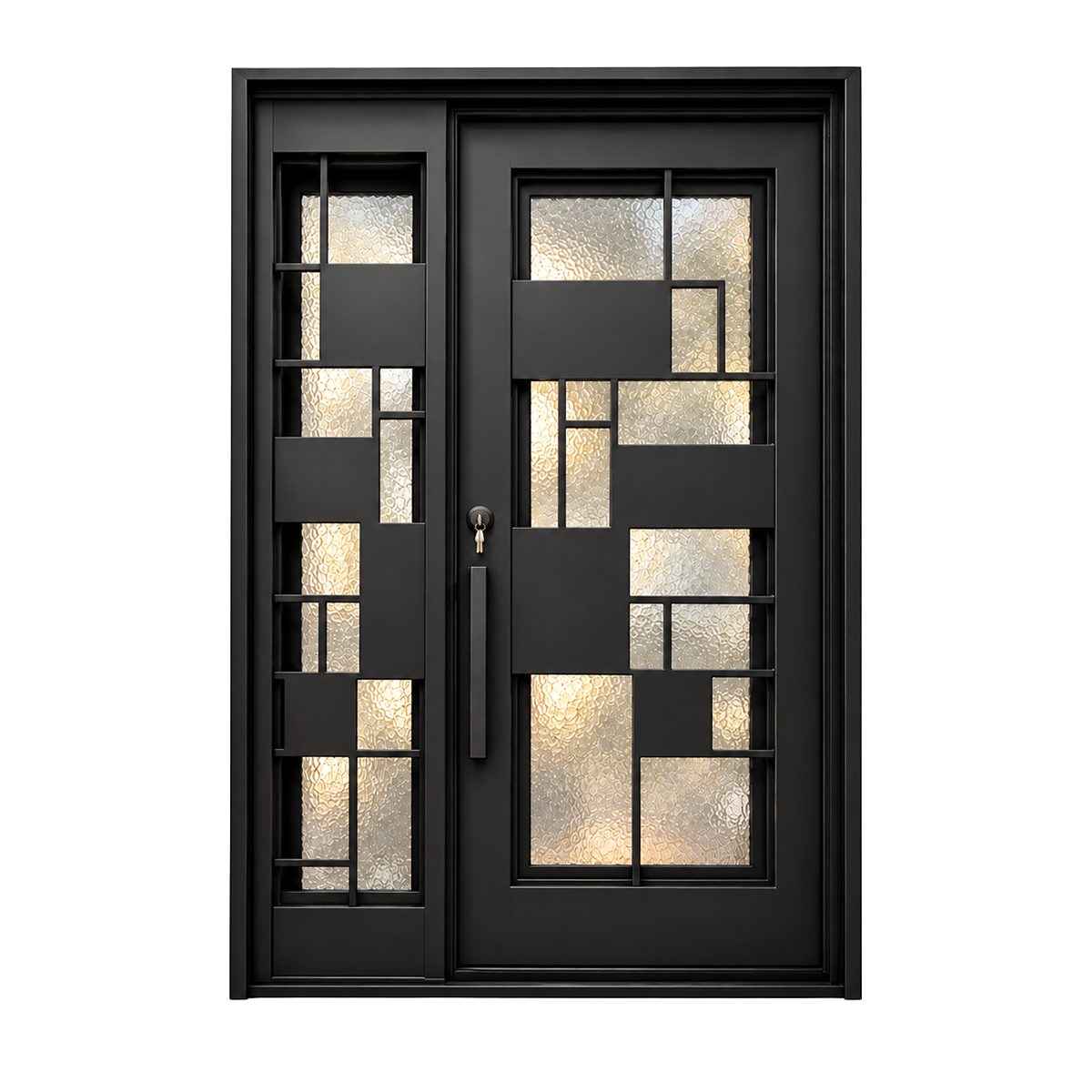 Black iron entry door with geometric textured glass shown against a white background.