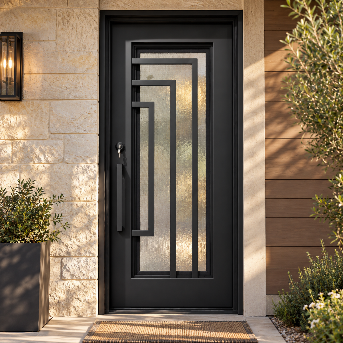 Front view of a black iron entry door with nested rectangular bars over textured glass and a long vertical pull handle.