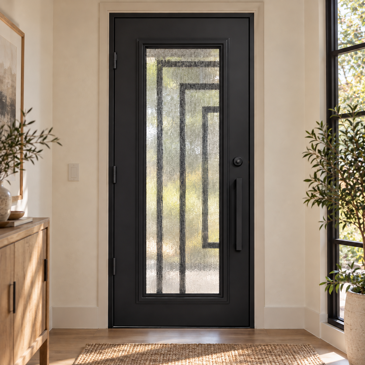 Interior view of a black iron entry door with a tall textured-glass panel and geometric bars visible through the glass.