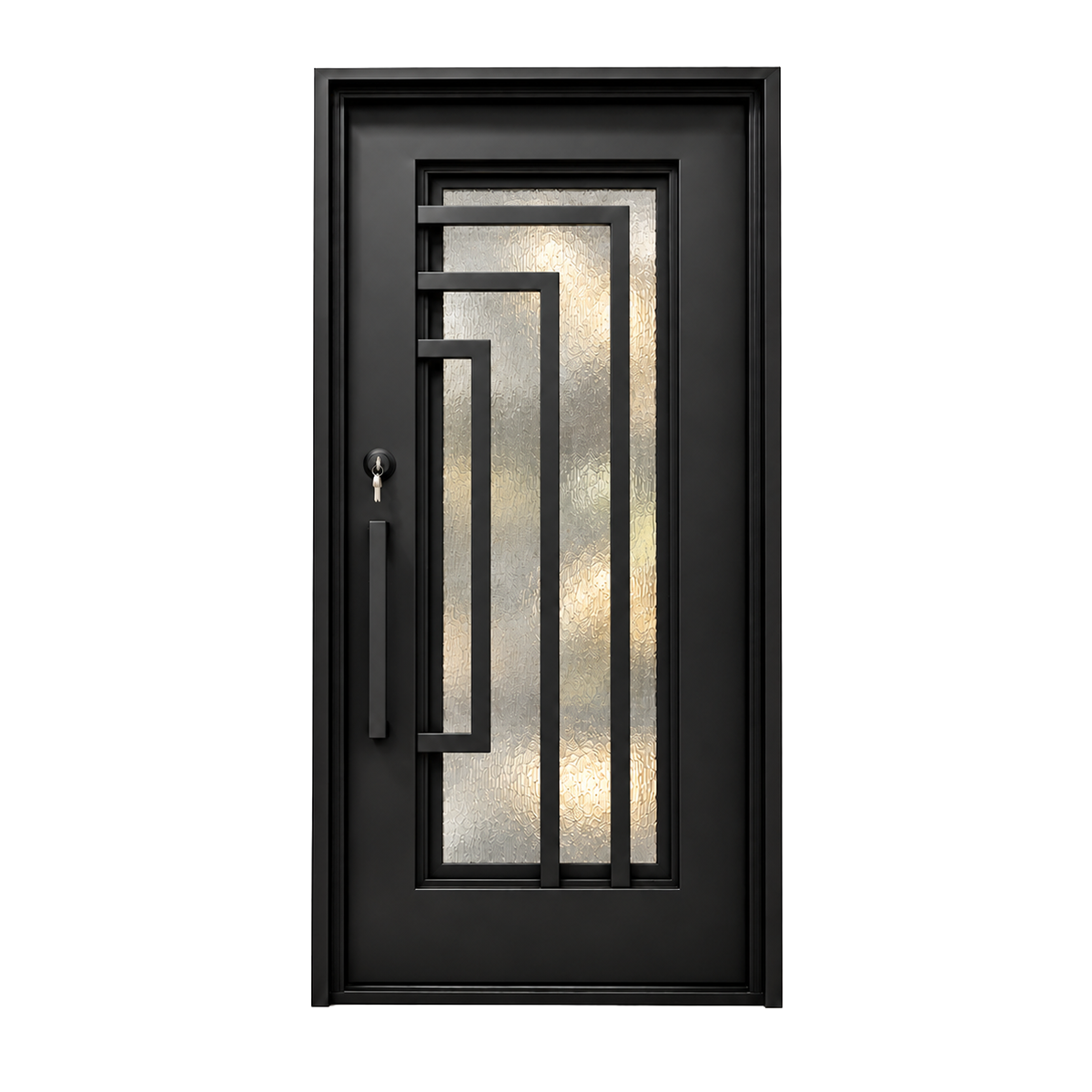 Black iron entry door with nested geometric bars and textured glass shown on a white background.