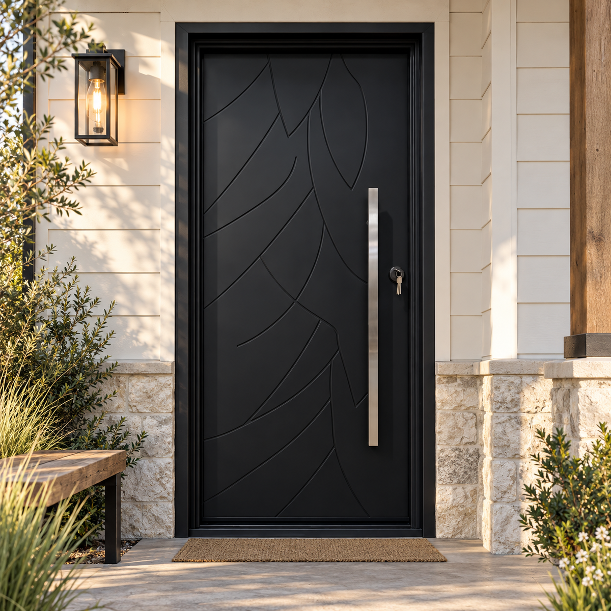 Front view of a matte black iron entry door with sweeping leaf-like grooves and a long silver pull handle.