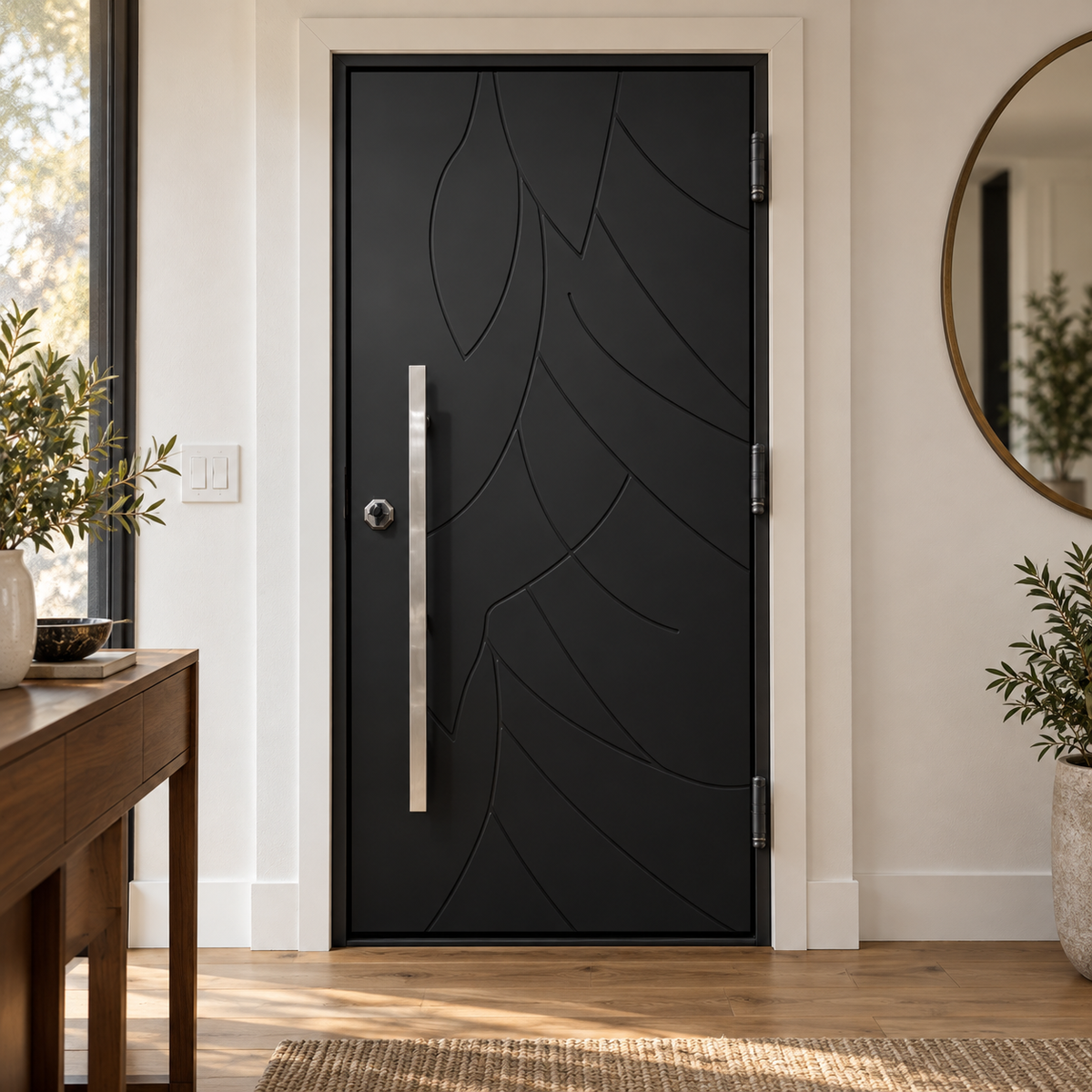 Interior view of a matte black iron entry door with sweeping abstract lines and a long silver pull handle.