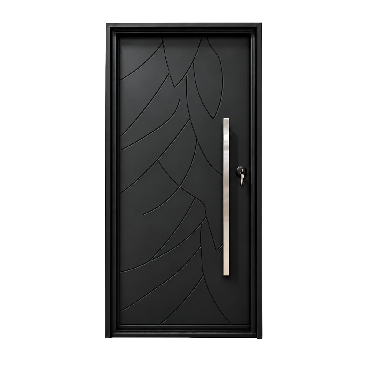 Matte black iron entry door with abstract flowing grooves and a silver pull handle on a white background.