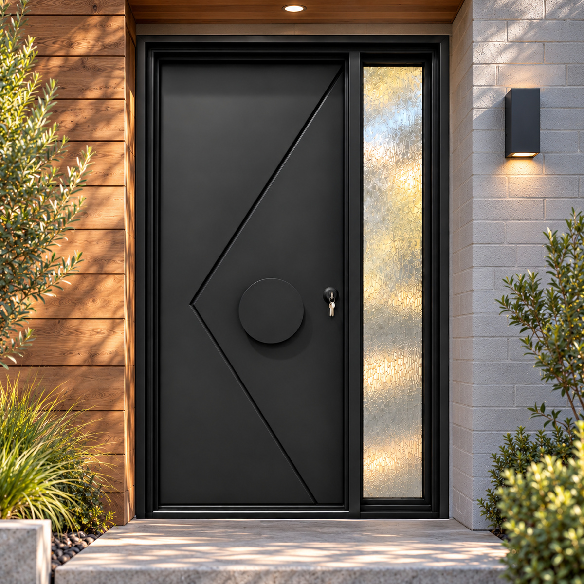 Front view of a black iron entry door with diagonal groove lines and a circular accent.