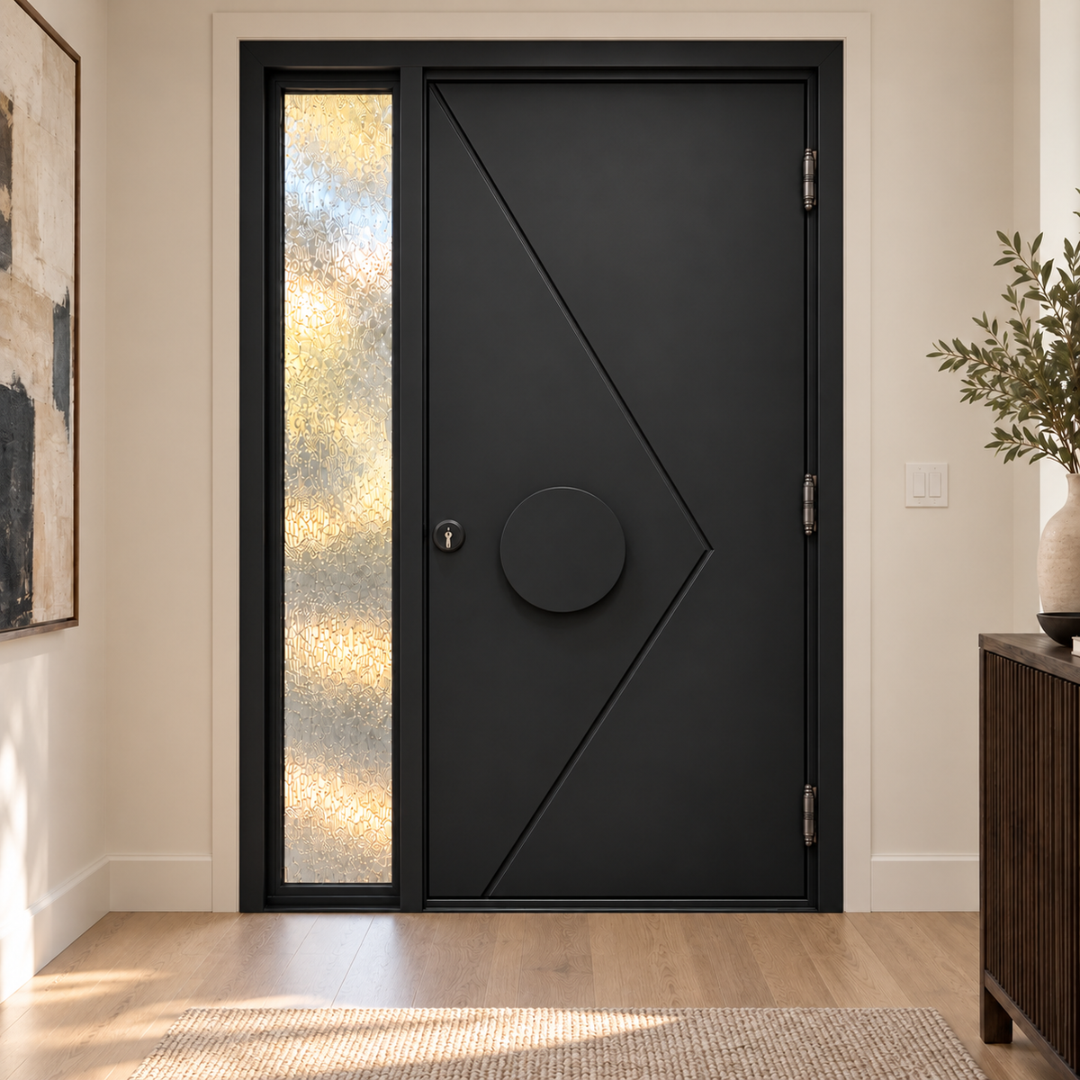 Interior view of a black iron entry door with diagonal groove lines and a circular accent.