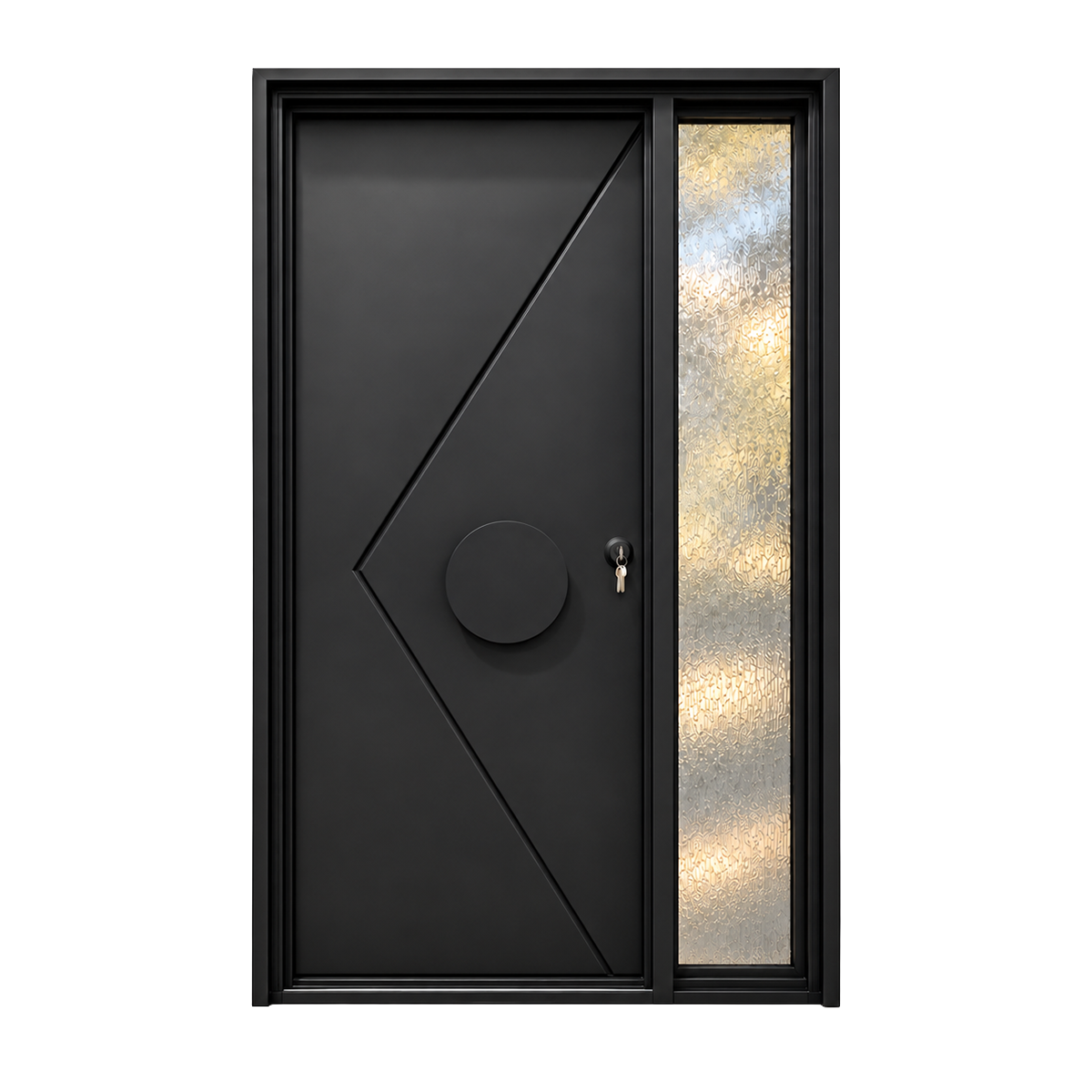 Black iron entry door with diagonal line detailing and a central circular accent on a white background.
