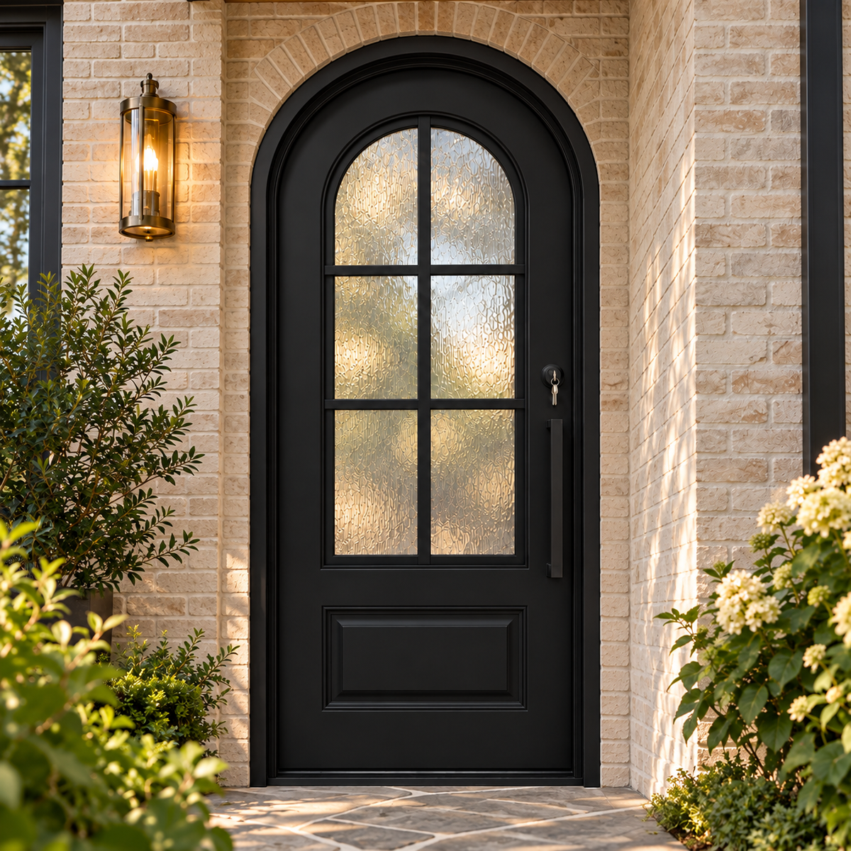 Front view of a full arch black iron entry door with textured glass and a six-lite grid.