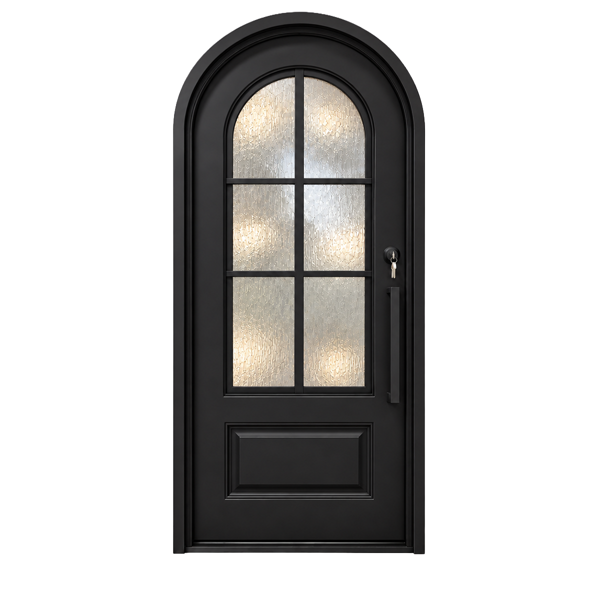 Full arch black iron entry door with textured glass and a six-lite grid on a white background.
