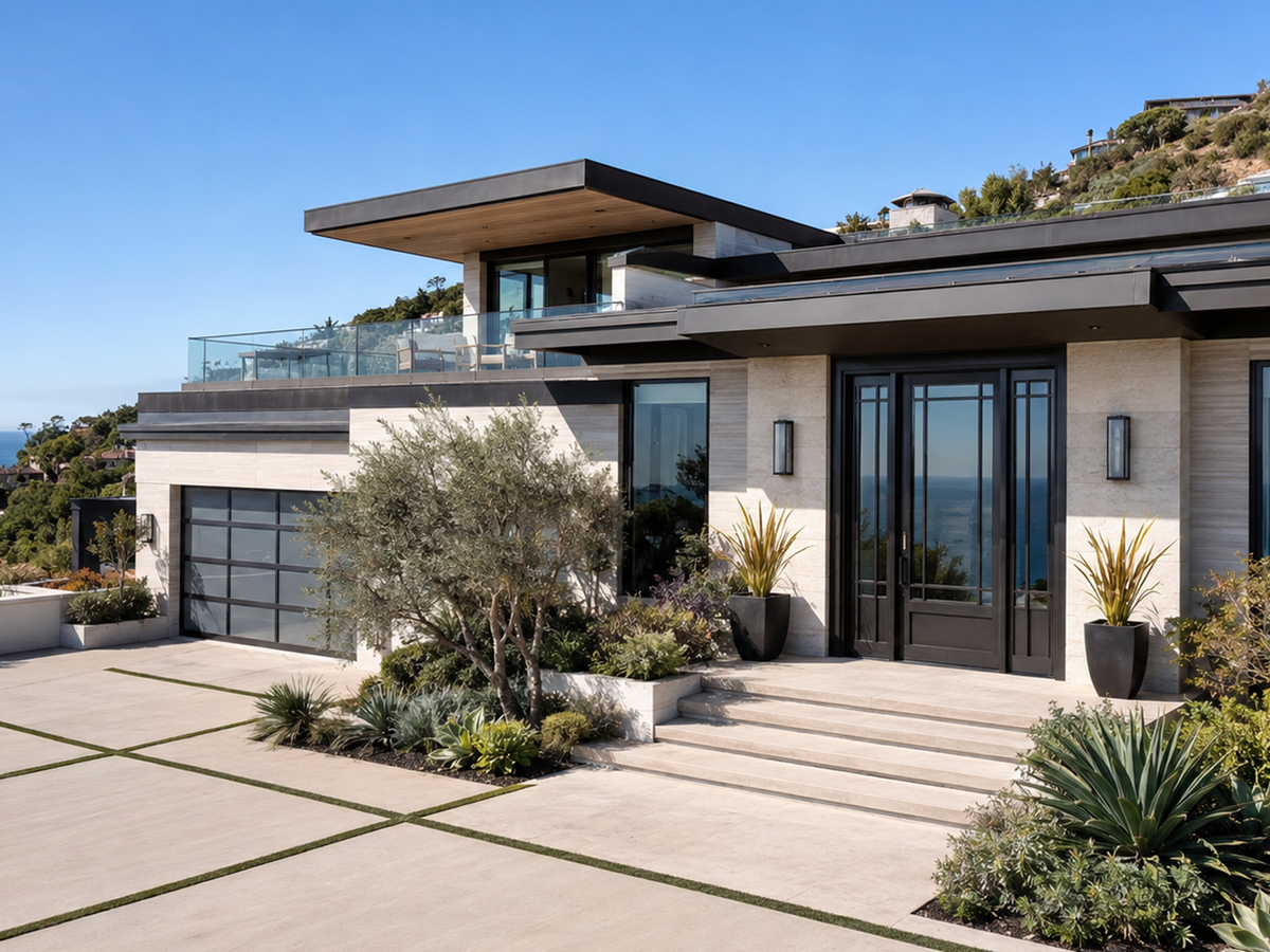 Modern residence with black glass entry doors