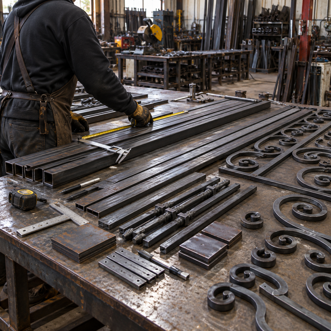 Measured steel components prepared for door fabrication