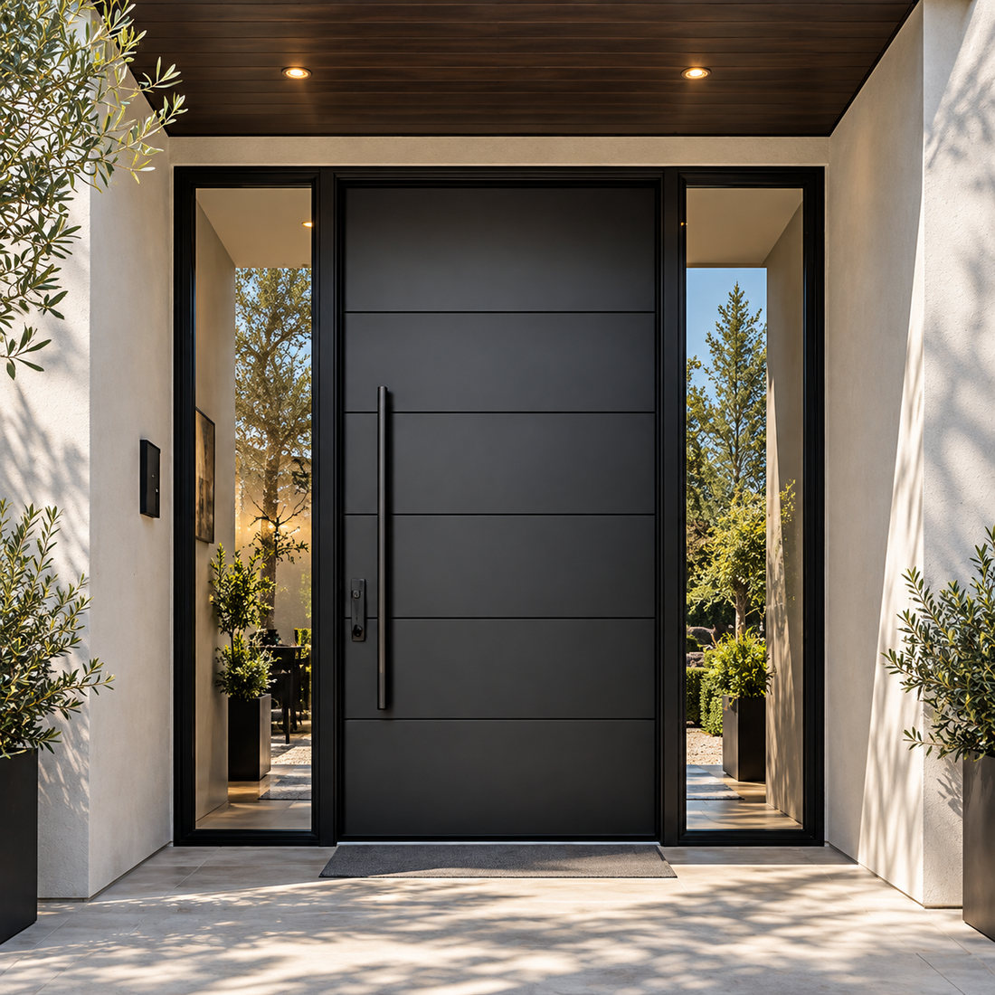 Single modern black entry door with sidelights