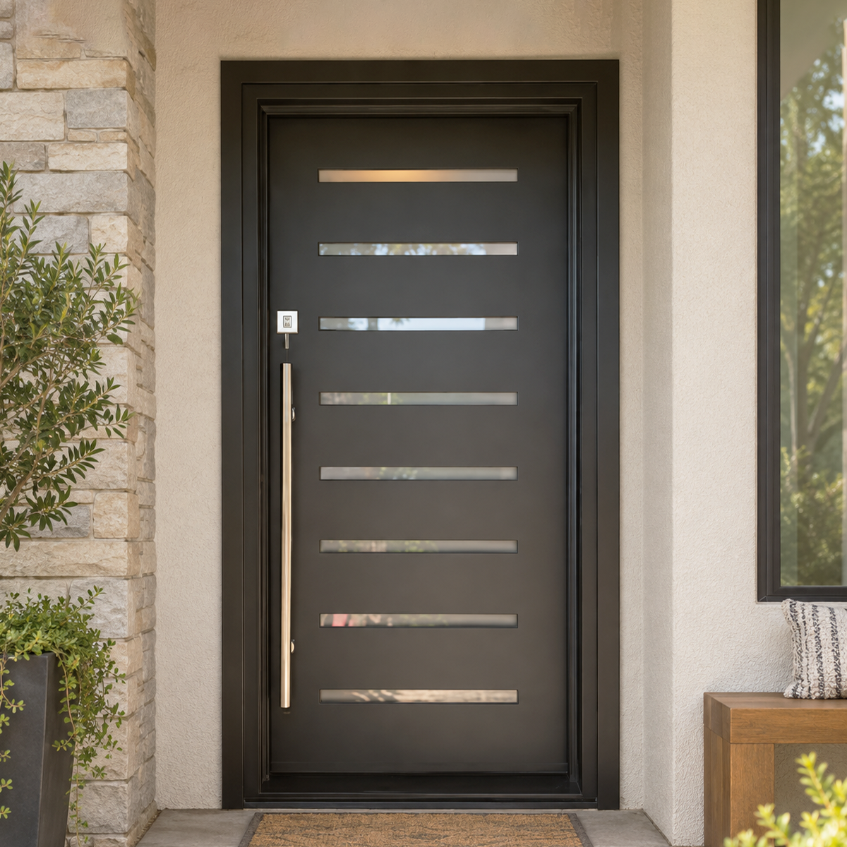 Modern single black iron entry door with horizontal glass panels installed in a home