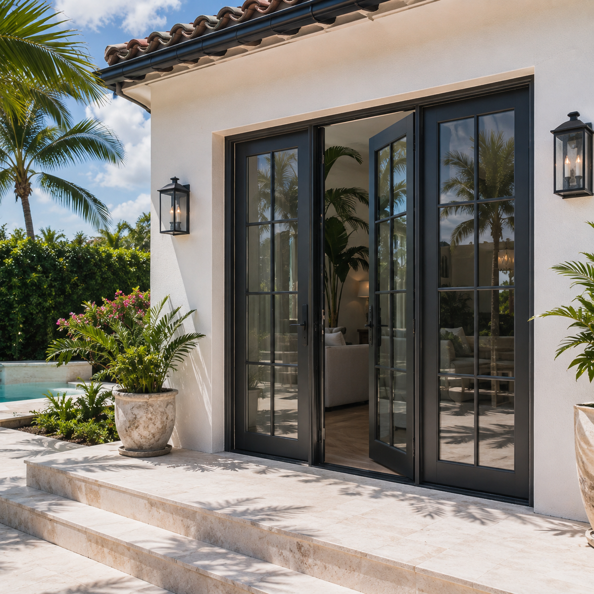 Black double French glass doors at a white house with palm trees