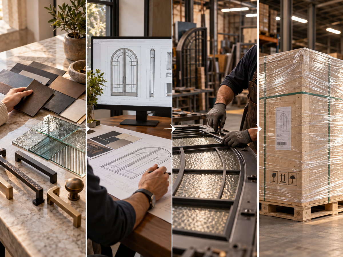 Collage of door planning, fabrication, packing and shipping