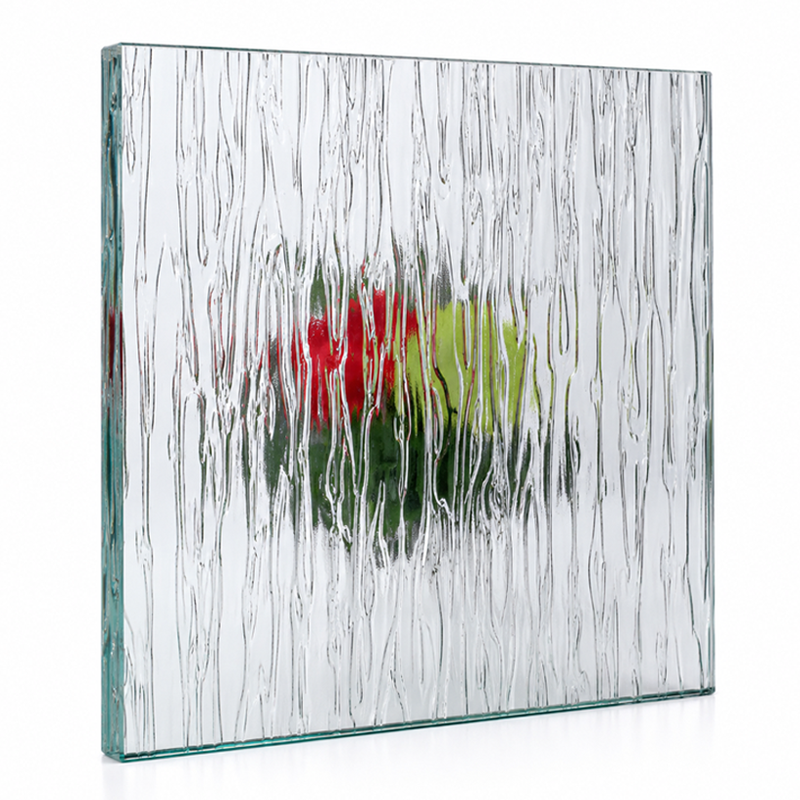 Rain textured glass sample with flowers behind it