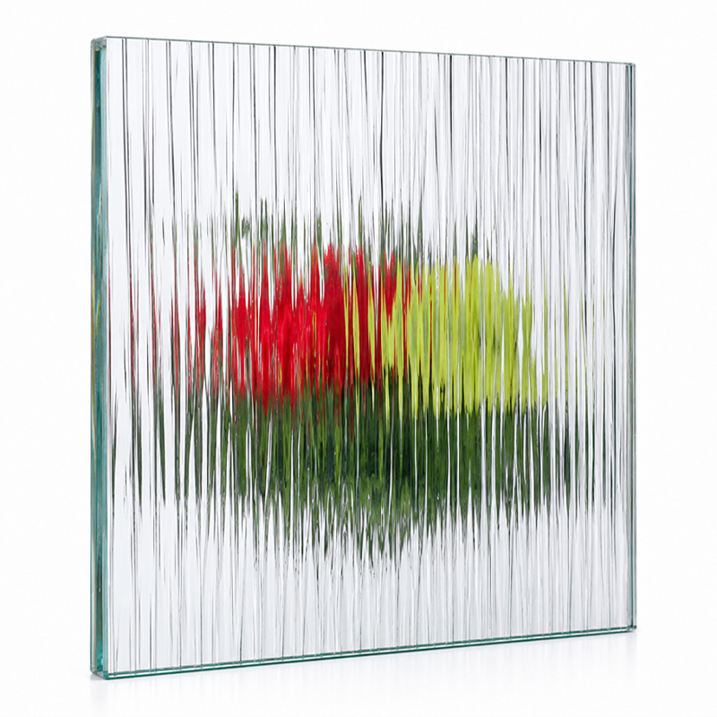 Reeded glass sample with vertical lines and flowers behind it