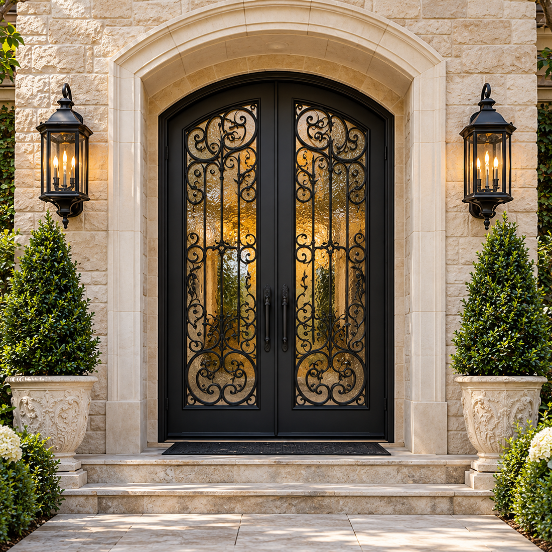 Ornate arched double iron entry doors at a rustic house