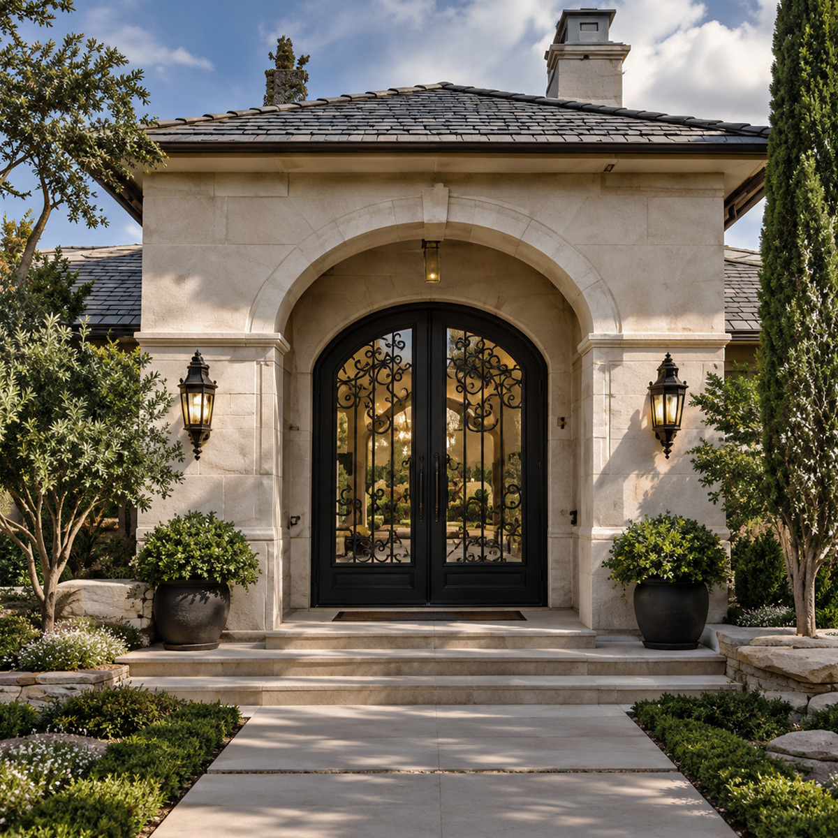 Ornate arched double iron entry doors at a classic stucco house