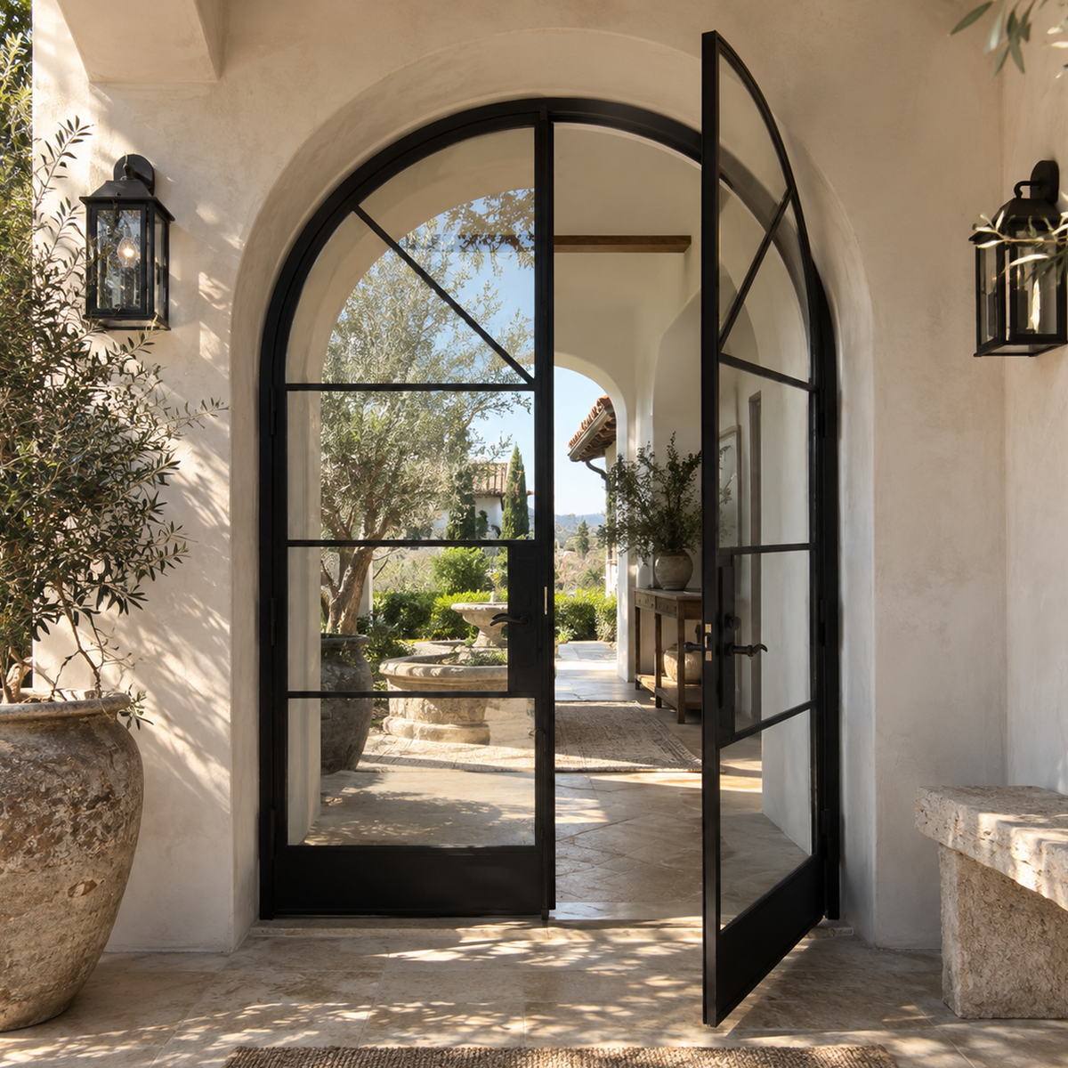 Open arched black French iron door in a home interior