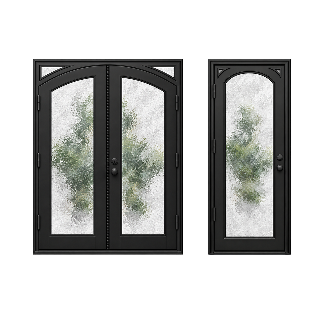 Square-top iron doors with interior eyebrow arch glass panels