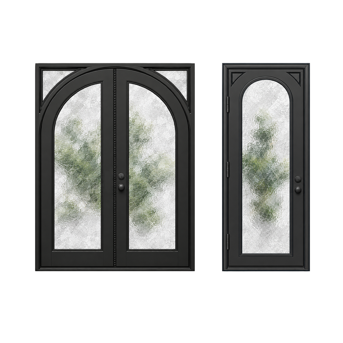 Square-top iron doors with interior full arch glass panels
