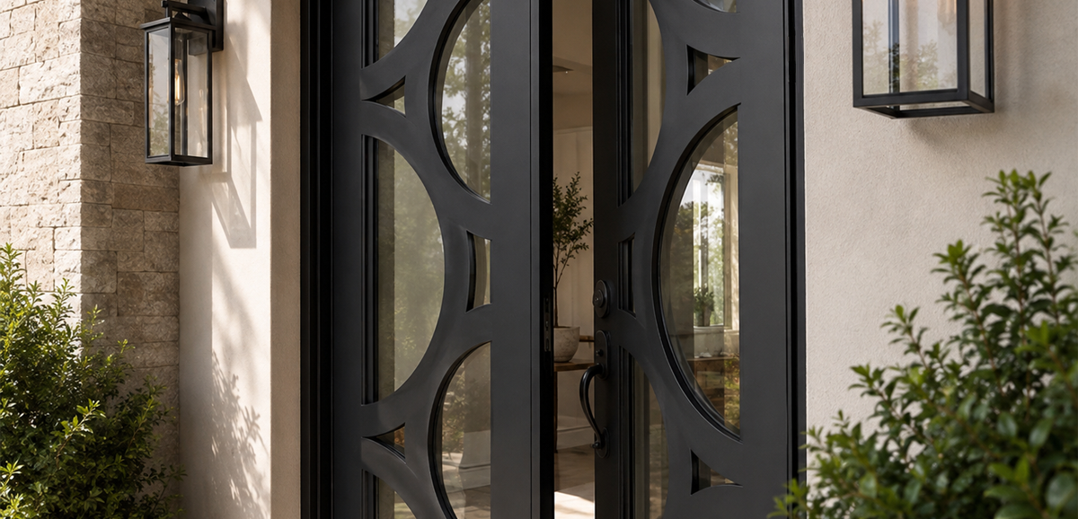 Close-up of a decorative iron door installed in a home