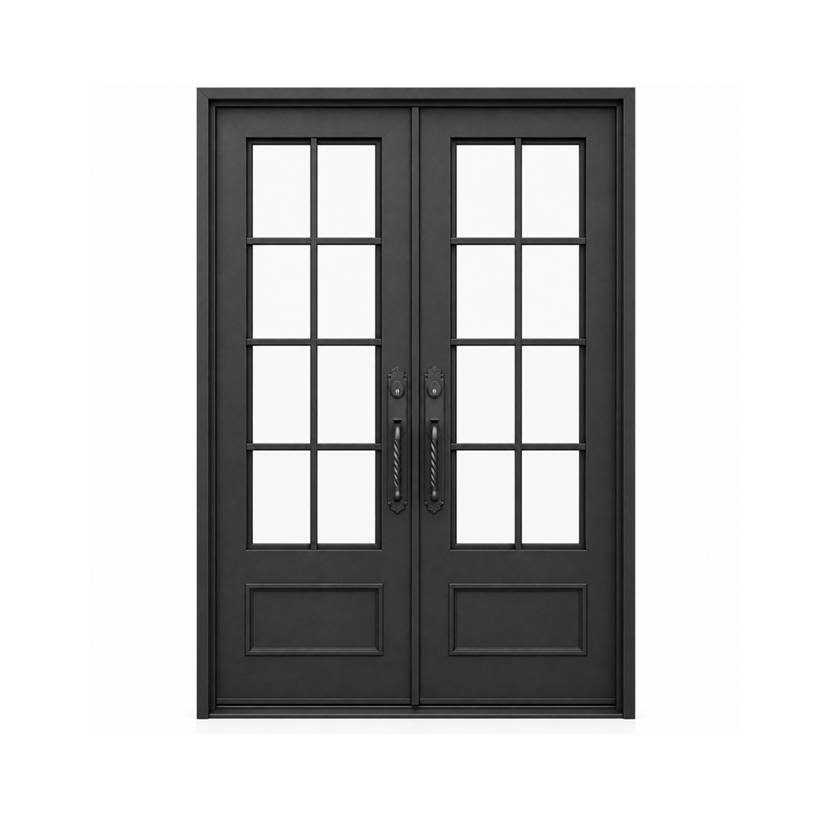 Black double iron doors with twelve glass panels and solid lower panels on a white background