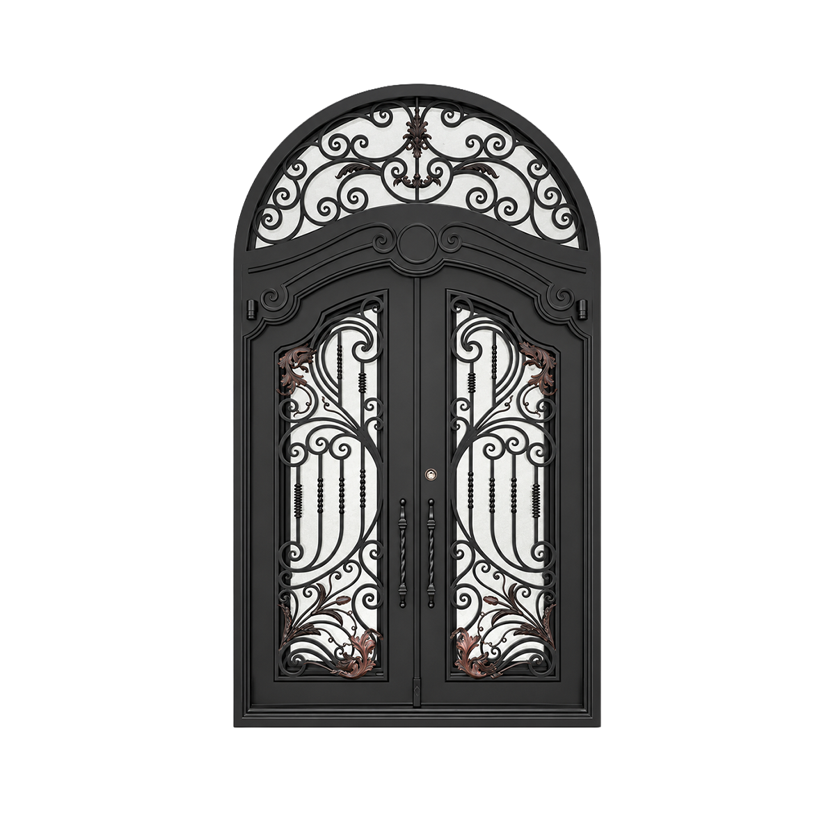 Decorative black double iron doors with an arched transom on a white background