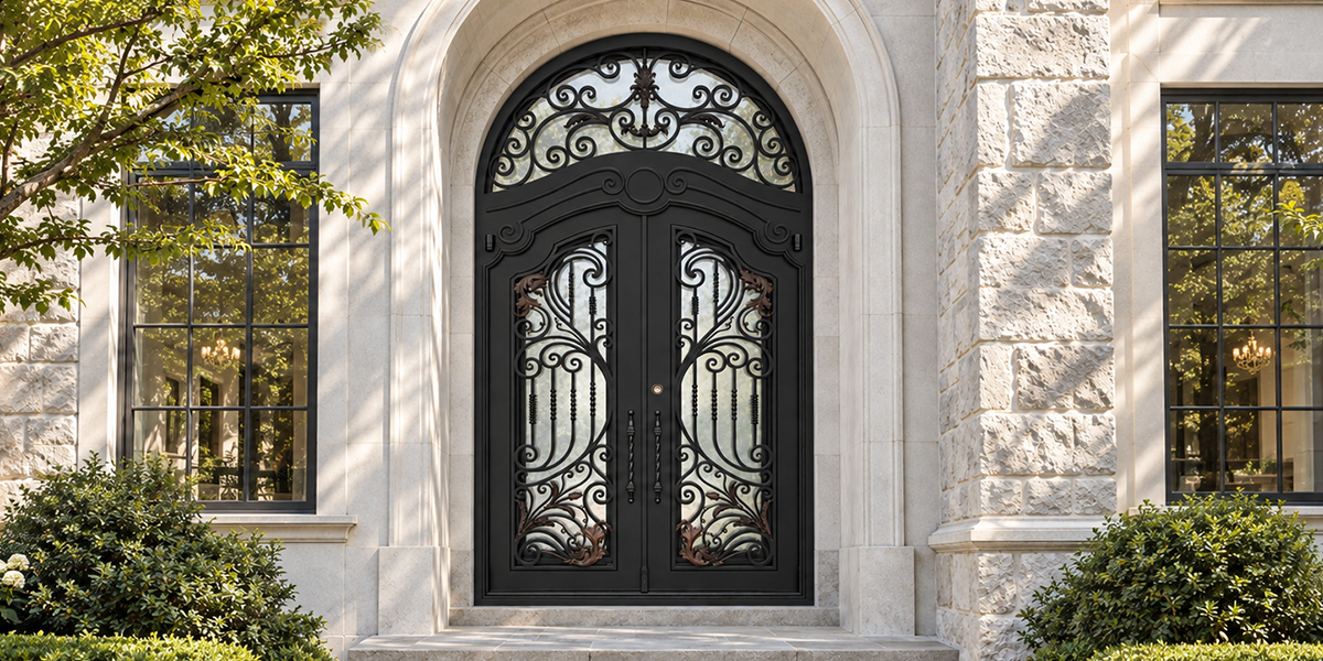 Ornate black double iron entry doors with an arched transom in a stone entrance