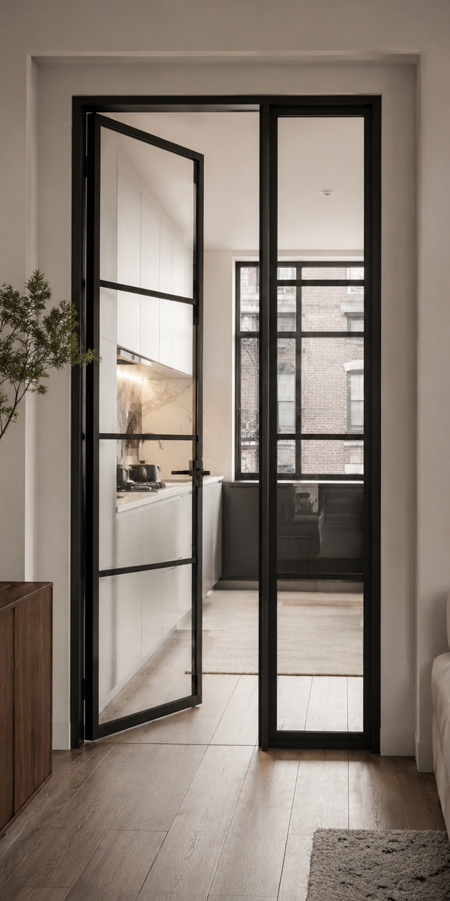 Open black double glass iron doors in a home interior