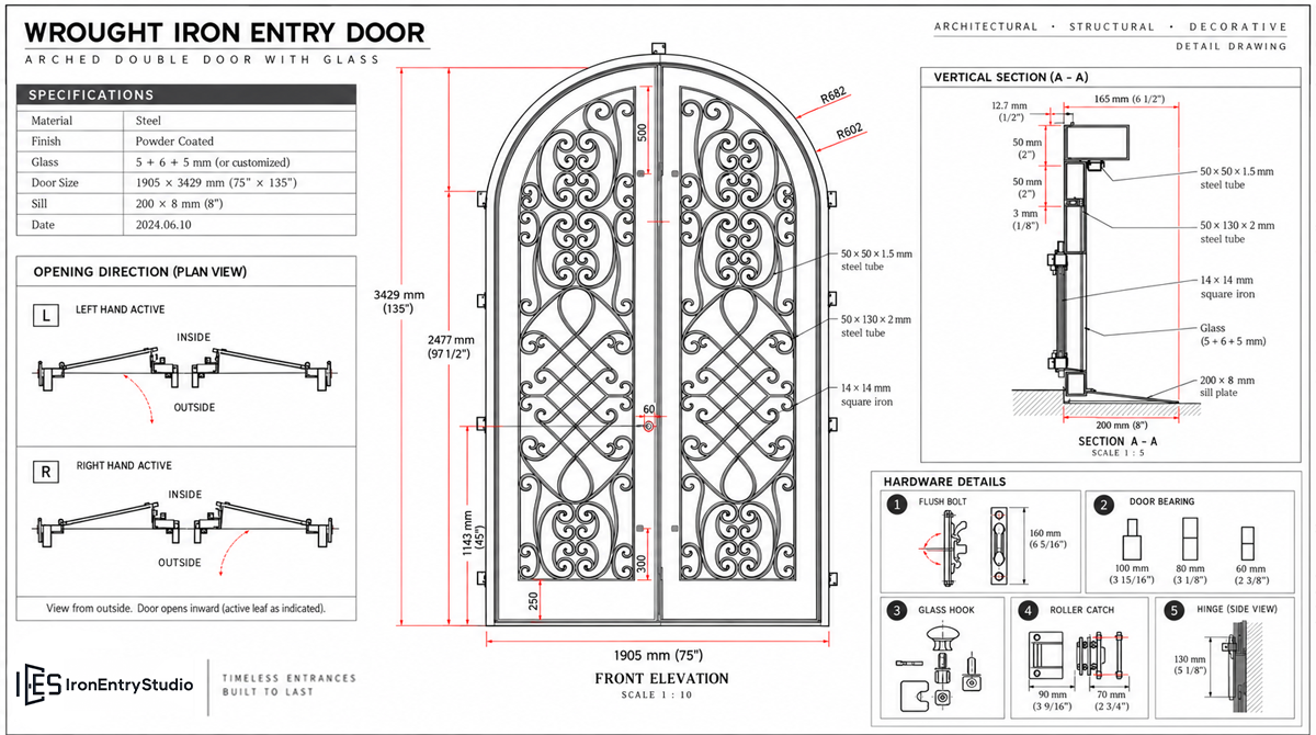 Detailed wrought iron door drawing with dimensions