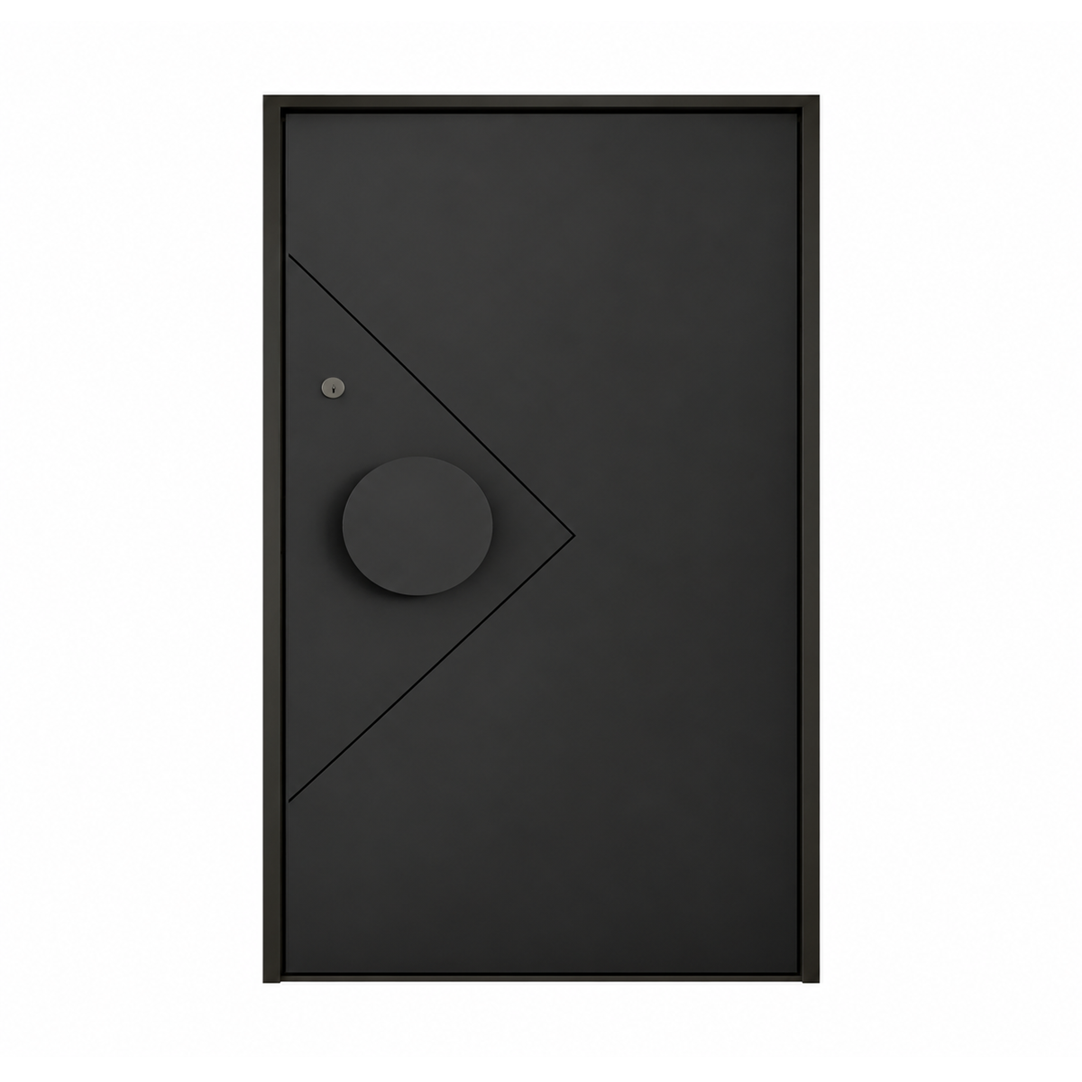 Closed front view of a matte black pivot door with abstract diagonal line pattern and oversized circular handle