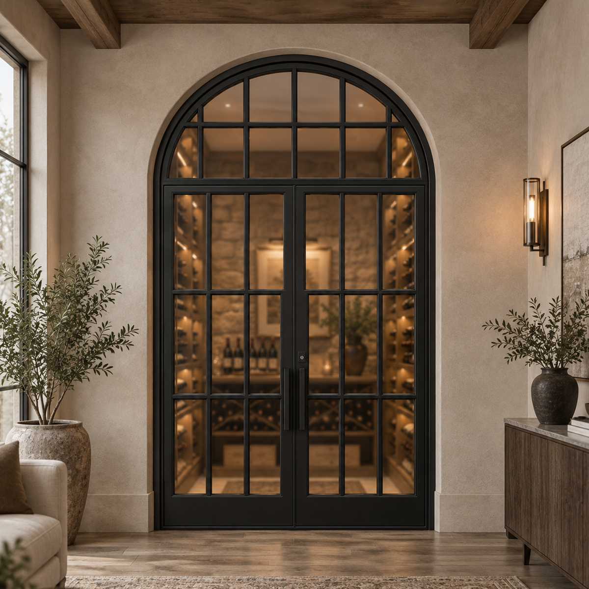 Arched double iron wine room doors with grid glass transom in a luxury residential wine cellar