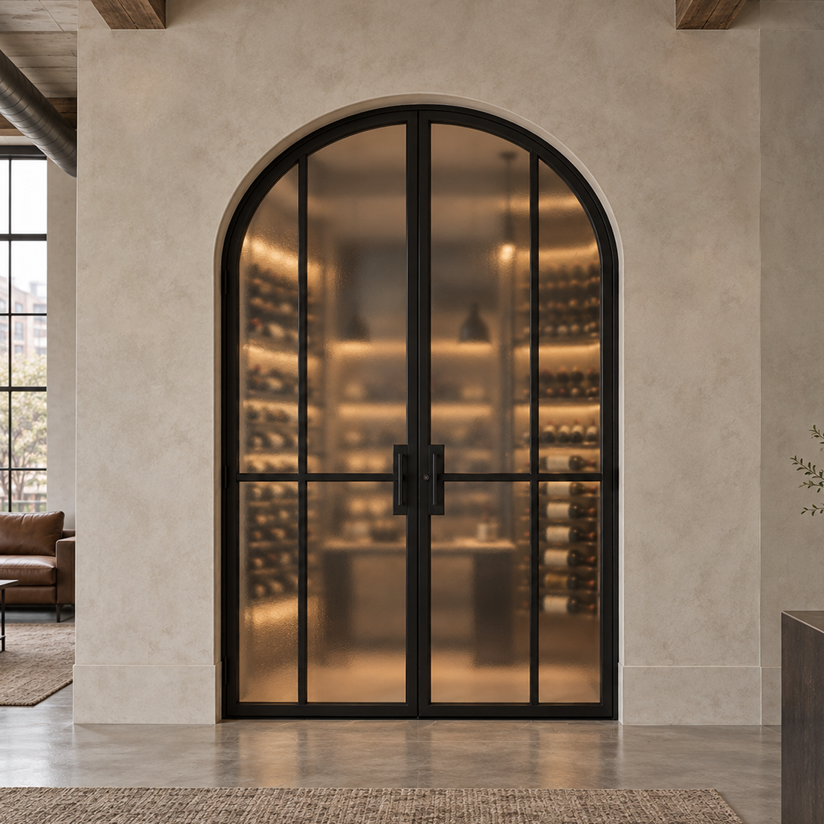 Arched double iron wine room doors with textured privacy glass in a refined residential wine cellar