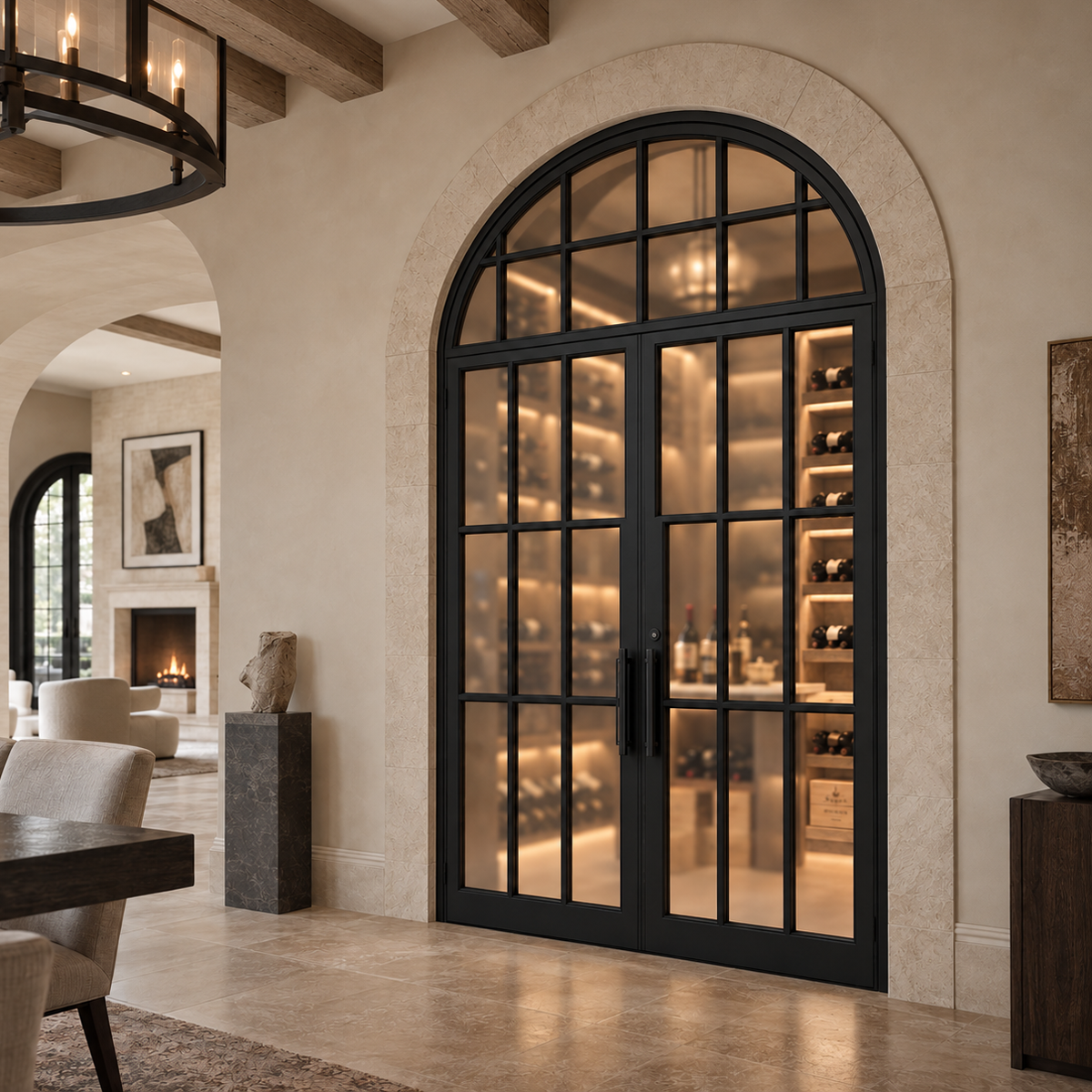 Angled view of arched double iron French wine room doors with grid glass transom in an elegant home interior