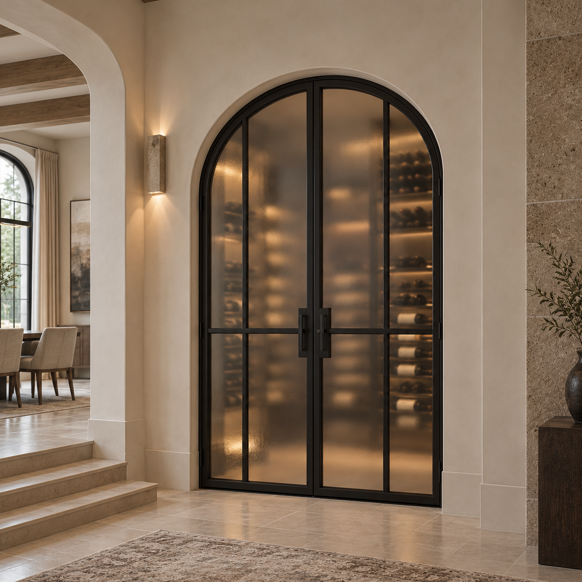 Angled view of arched double iron French wine room doors with textured glass in an elegant home interior