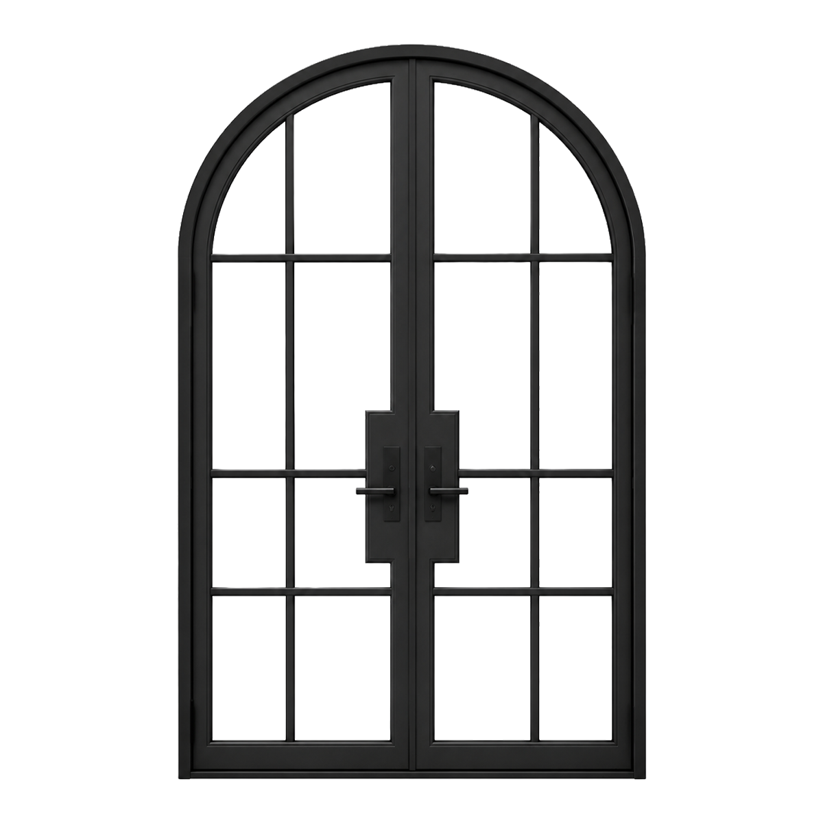 Arched double iron French doors with black metal frame and divided glass on white background