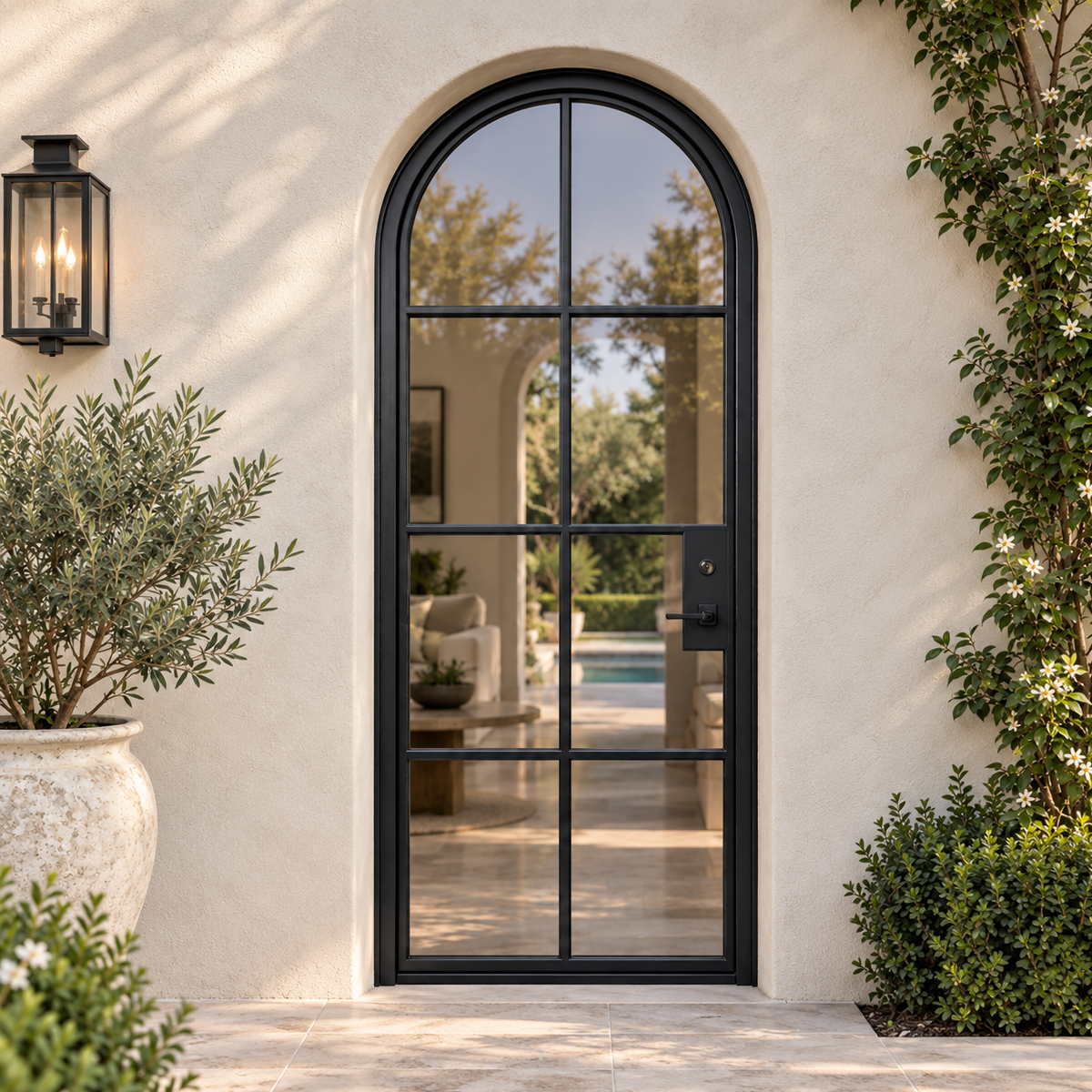 Arched black iron French door installed at an elegant American home entrance with light stucco exterior