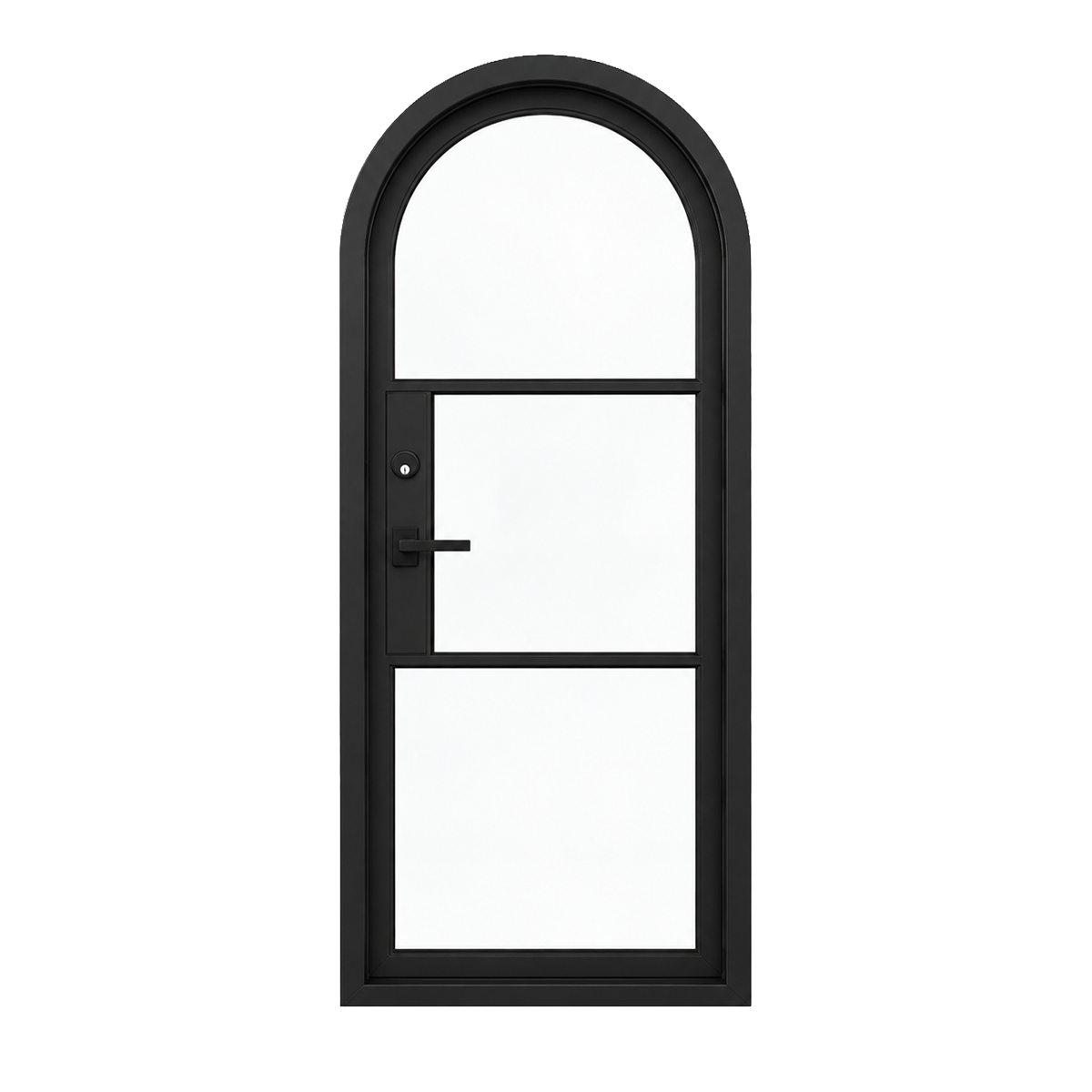 Front view of a single arched iron French door with black frame and three divided glass sections on white background