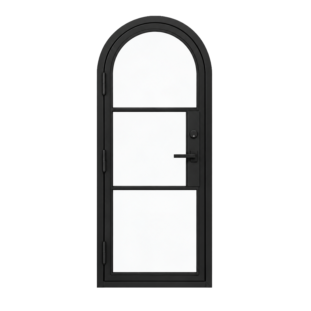 Rear view of a single arched iron French door with slim black frame and divided glass sections on white background