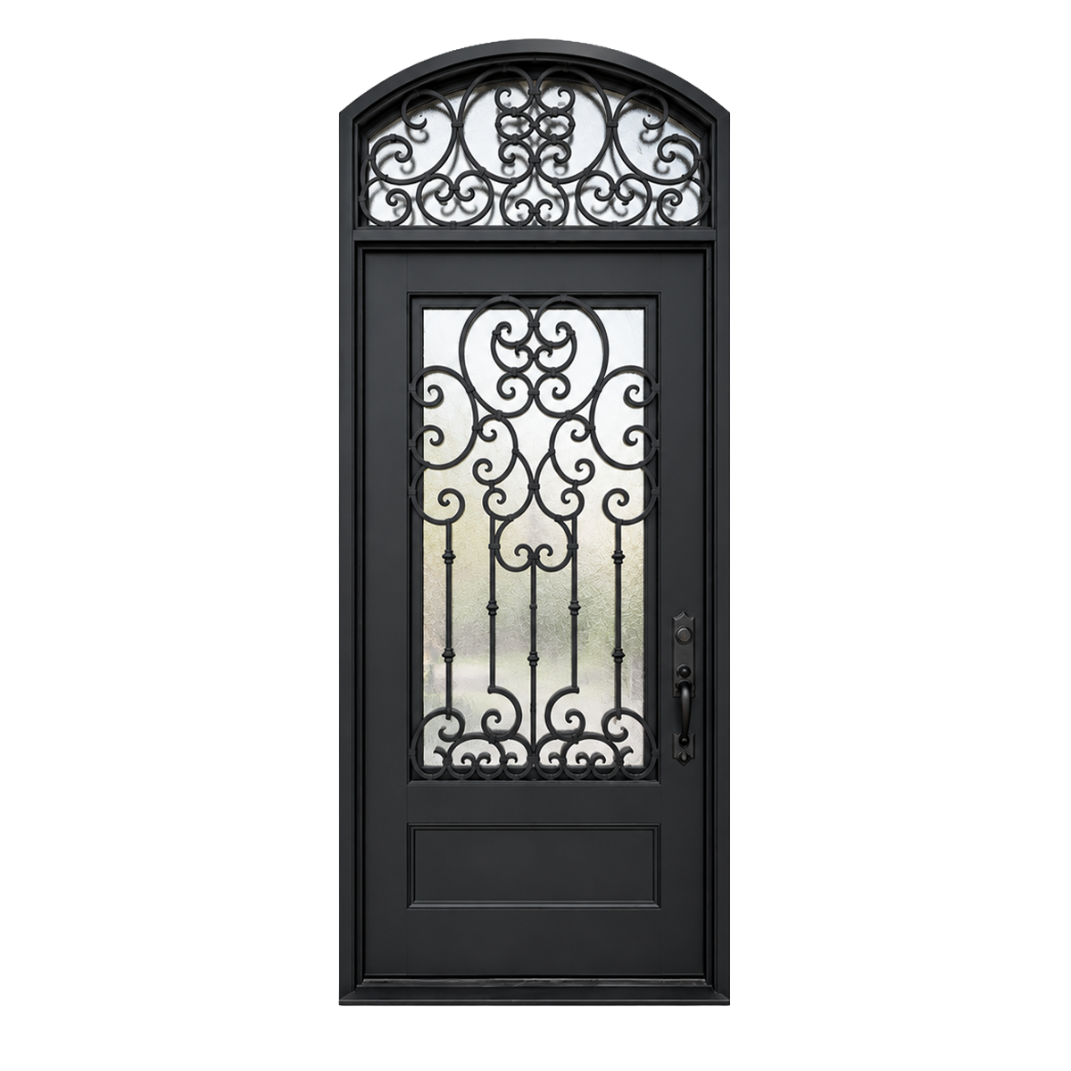 Front view of a traditional single iron entry door with decorative scrollwork and arched transom on white background
