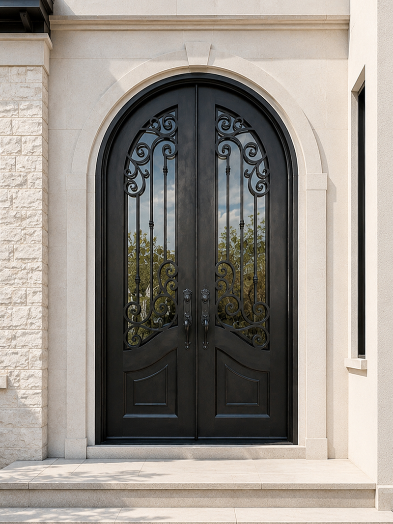 Traditional black double iron doors with an arched transom installed in a home