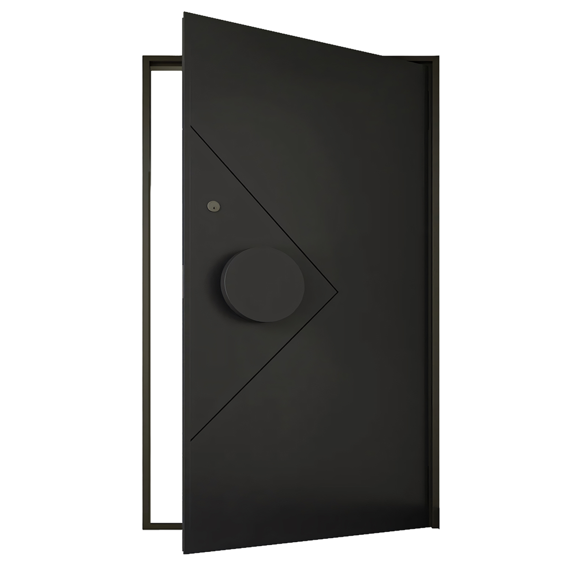 Black pivot door shown partially open with diagonal groove lines and oversized circular pull handle on white background