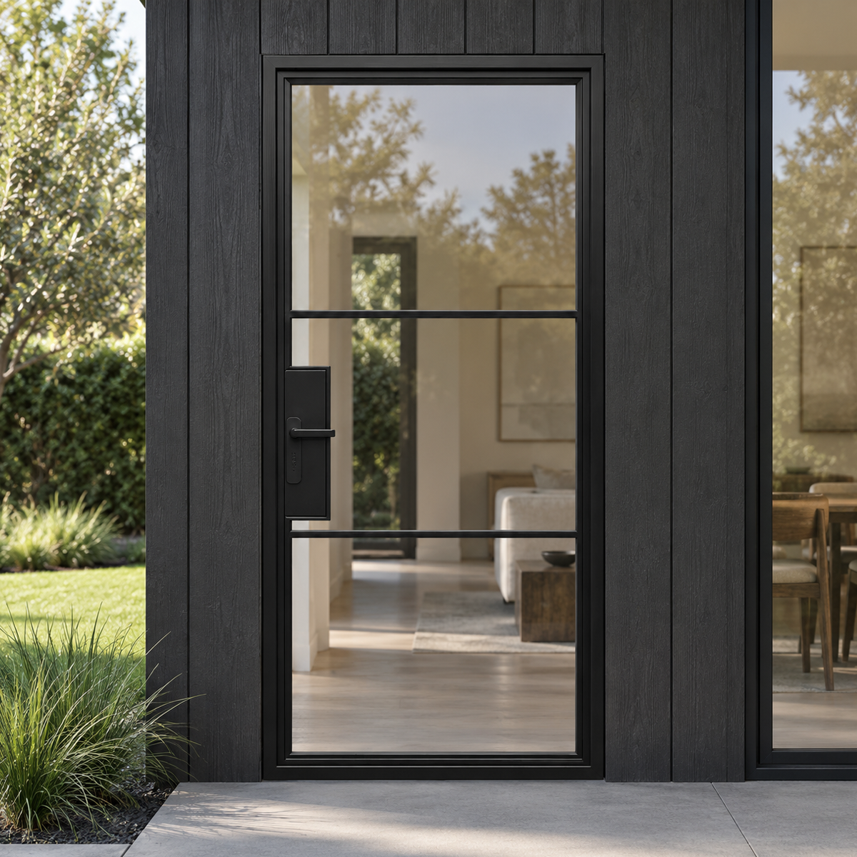Black single iron French door installed at a modern American home with dark wood siding and patio entrance
