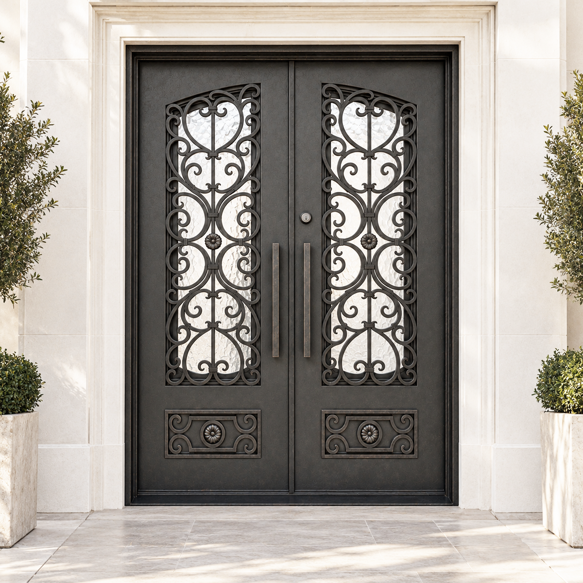 Classic double iron front door with decorative scrollwork installed at an upscale American residential entrance