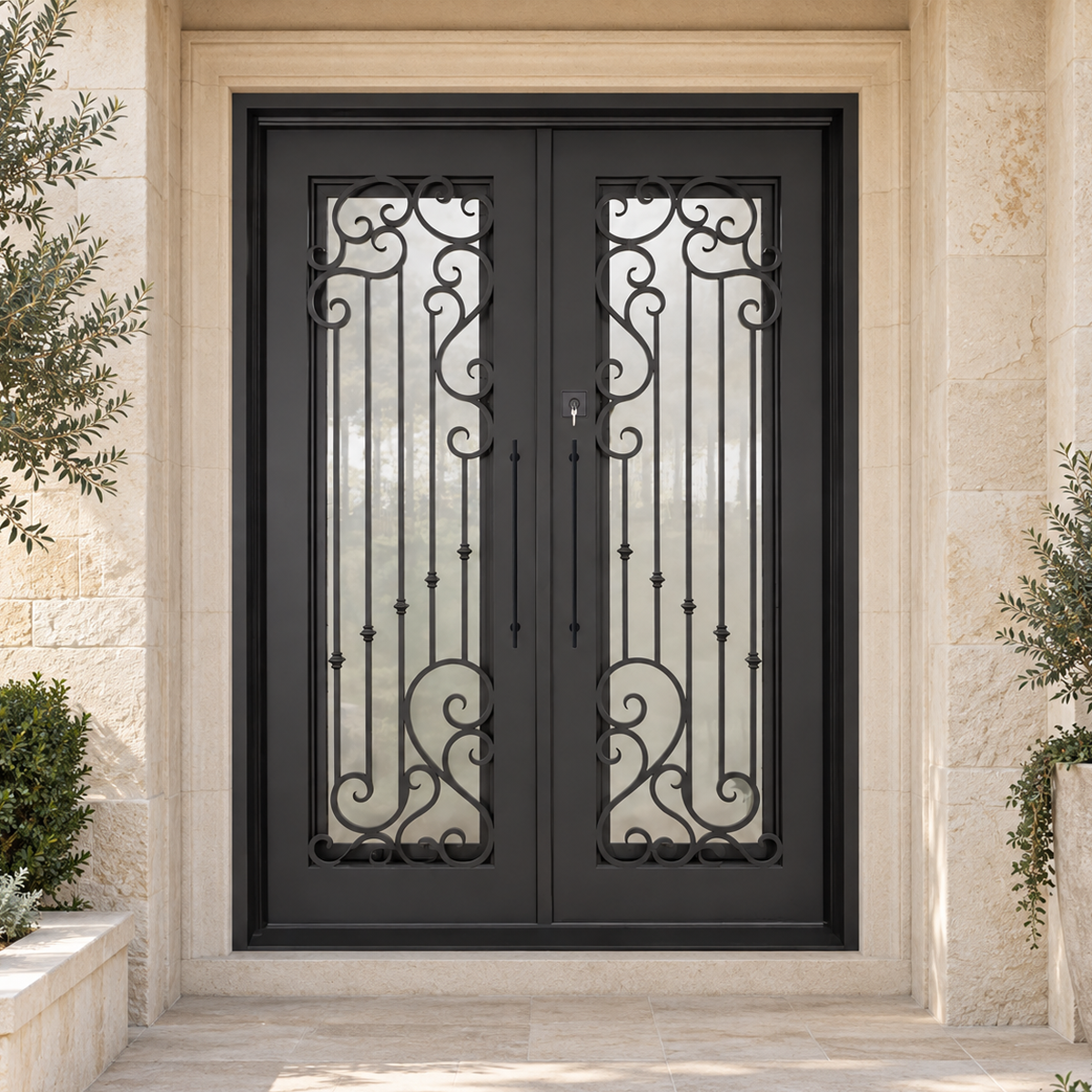 Classic double iron front door with ornamental scrollwork installed in a refined residential entrance